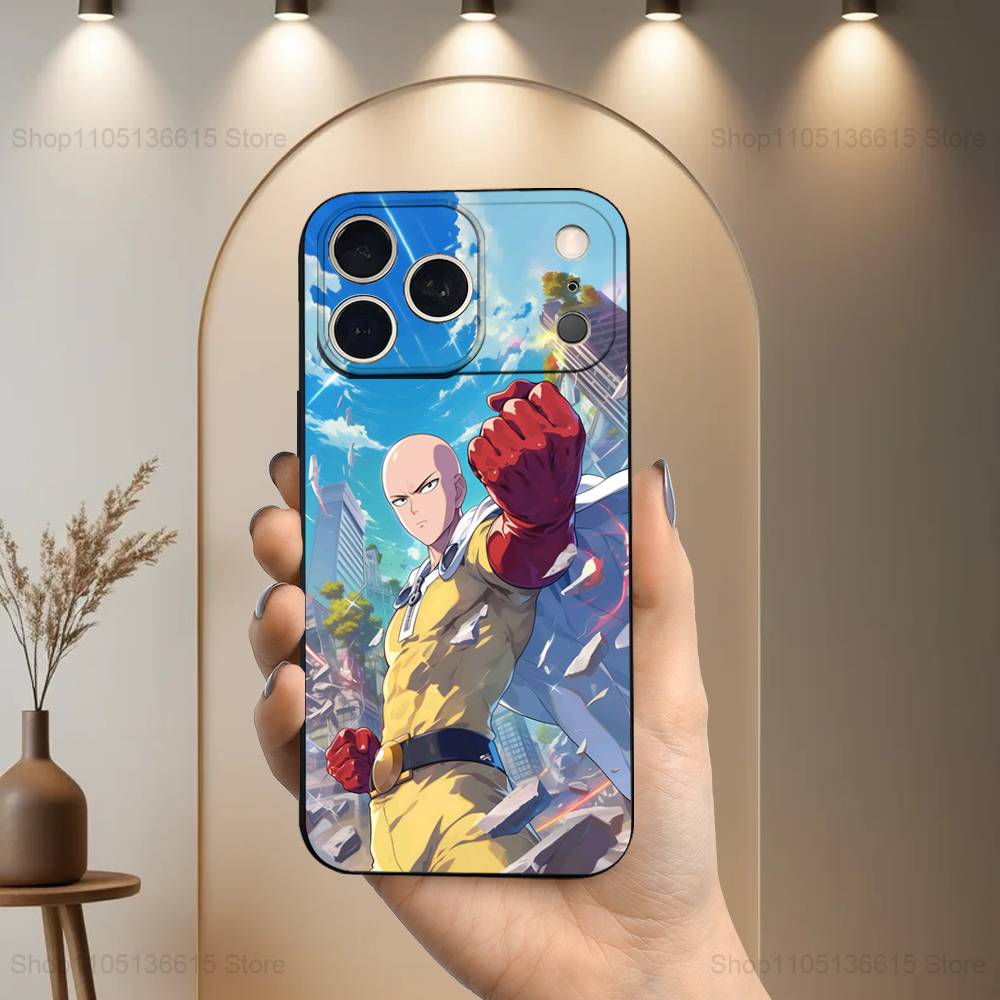 O-One P-Punch Anime Man Phone Case For iPhone 17,16,15,14,13,12,11 Plus,Pro Max,XS,X,XR,SE,Mini,8,7,Soft Silicone Black Cover
