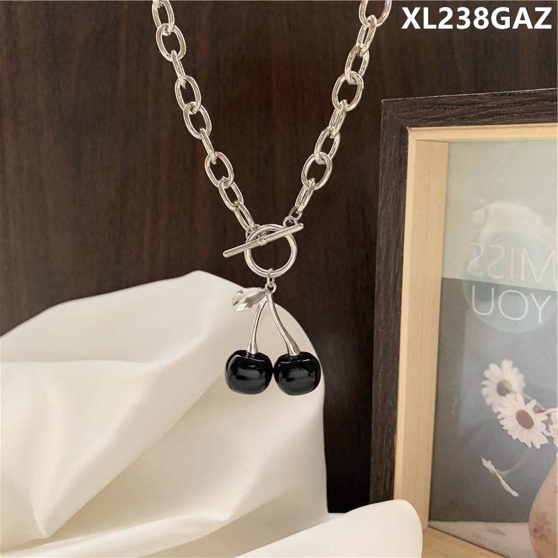 Women's Hip Hop Style Black Cherry Titanium Steel Clavicle Necklace - Versatile and Cool Fashion Accessory.