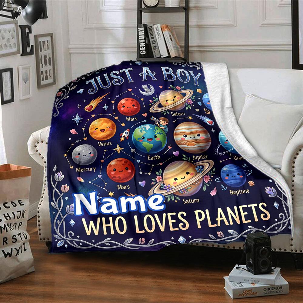 Planets Boy Cosmic Love Customize Your Name Home Blanket Cute Planets Theme Comfortable Soft Lightweight Multiseason Blanket For Picnics Sofas Offices