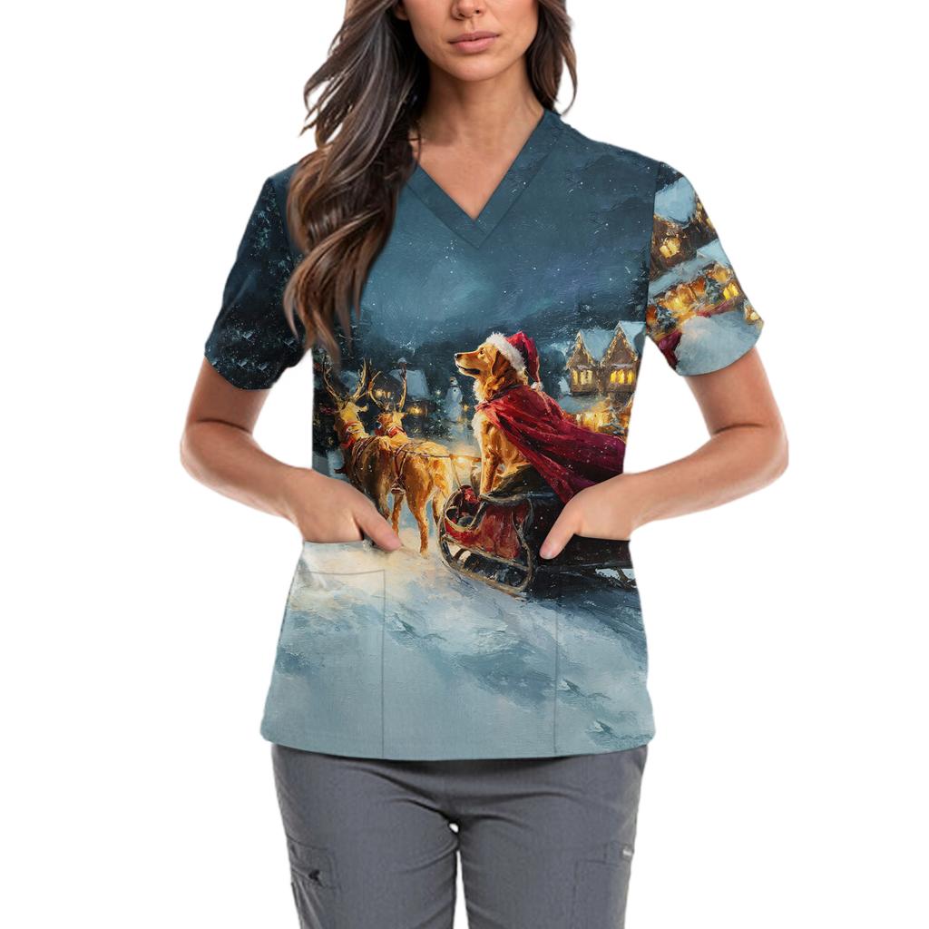 Women's Cute Bow Printed Work Clothes V-neck Double Layer Pockets Basic Short Sleeve Top Pullover