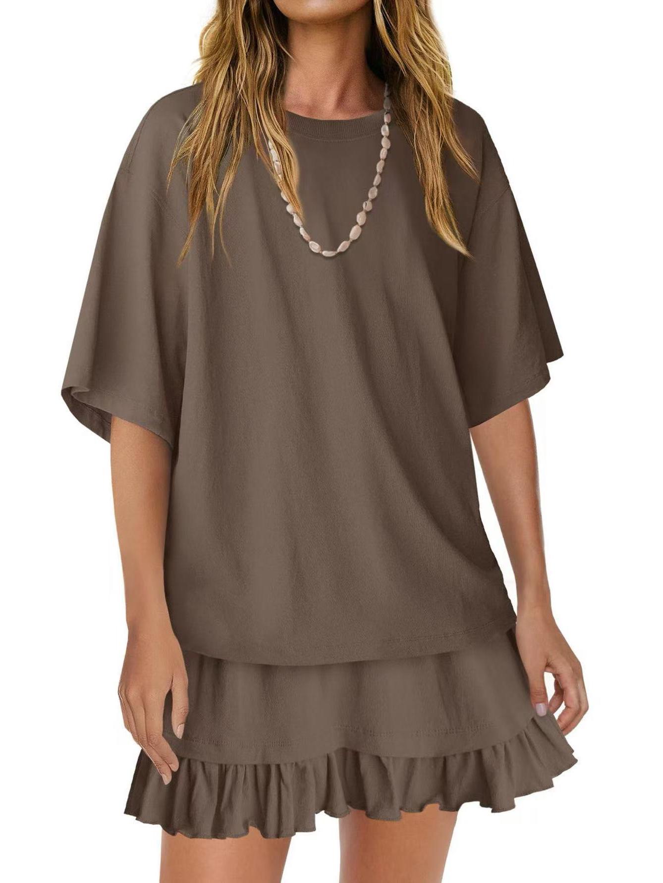 

Women s Casual Fashion Round Neck T-shirt & Elastic Waist Skirt Set Homewear (2026) Extra Large темно-коричневого кольору