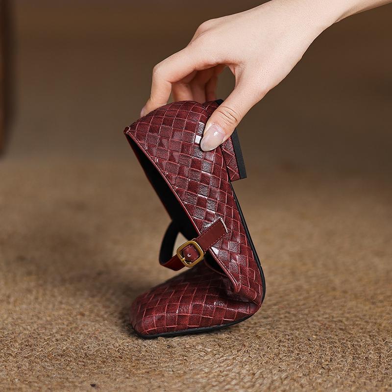 Fashion Women's new genuine leather printed cowhide square head metal elastic belt buckle low heel plus size Mary Jane single shoe