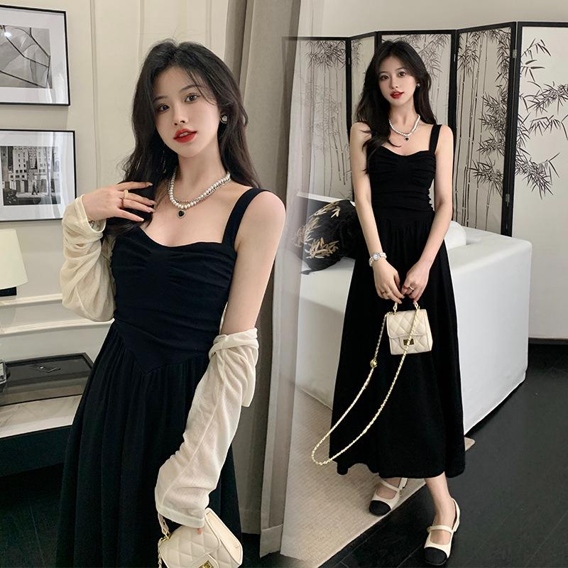 

Women s Summer Black Spaghetti Strap Slimming Dress - Lightly Mature Style XL