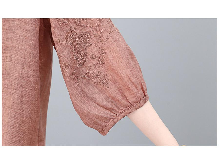 Women's Summer 2025 V-Neck Embroidered Ramie Blouse - Elegant Seven-Sleeve Design for Middle-Aged Ladies