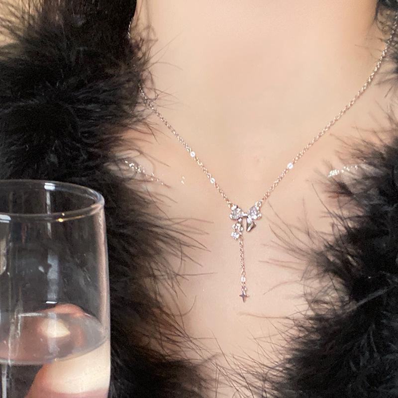 

Ожерелье из стерлингового серебра 925 пробы с бантом для женщин - Цепочка для ключиц с подвеской-кисточкой из циркония