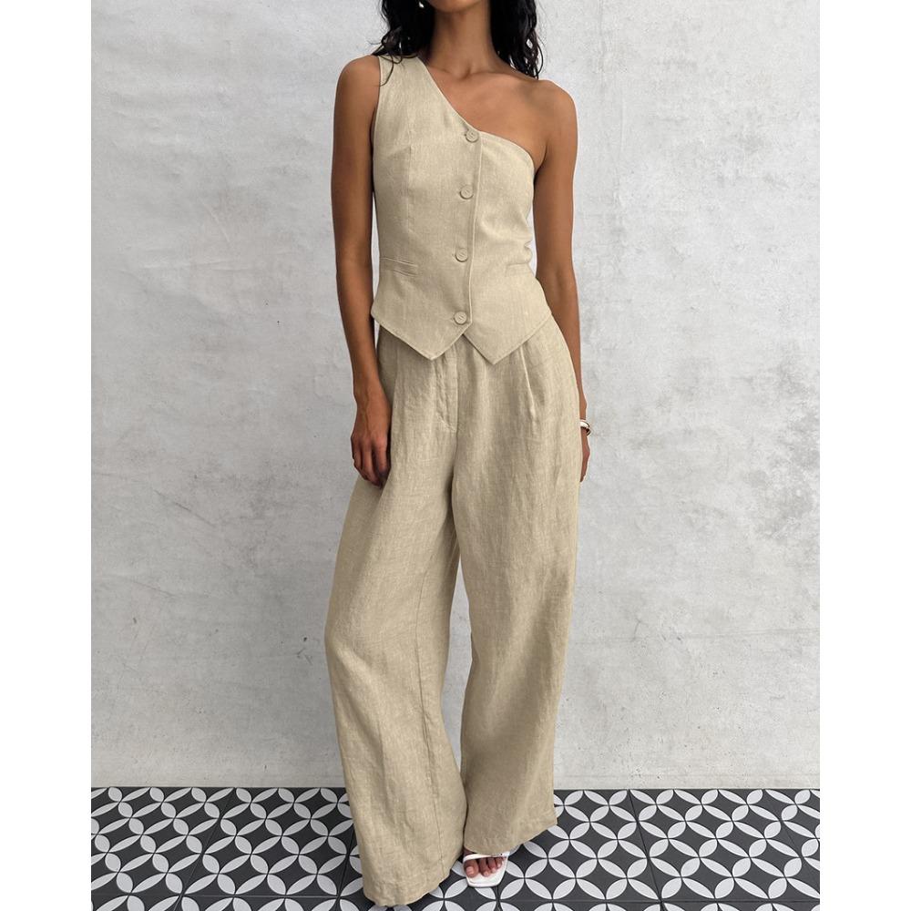 

Design sense fashion shoulder vest high waist wide pants two-piece set 2024 personality temperament casual suit women L абрикосовий