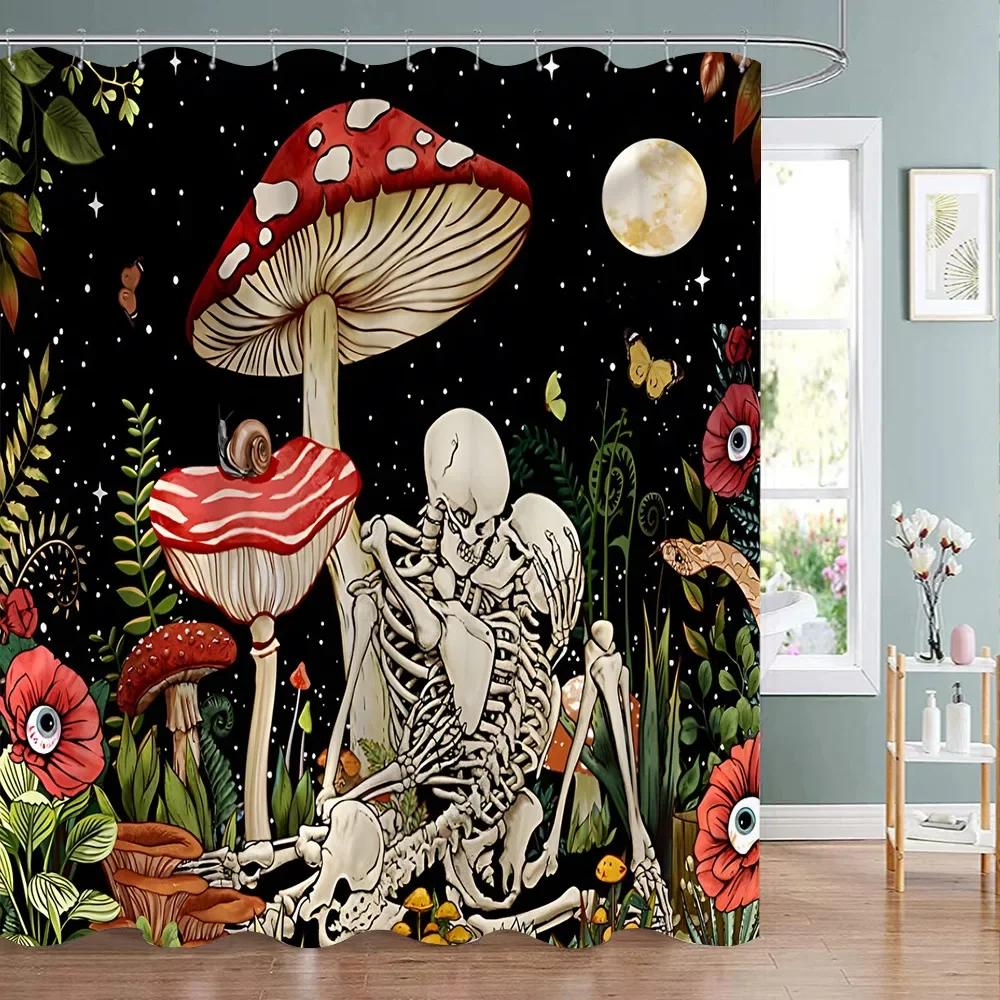 Mushroom Shower Curtain Retro Mushrooms Butterfly Floral Boho Moon Stars Botanical Wildflower Green Plant Aesthetic Bath Curtain