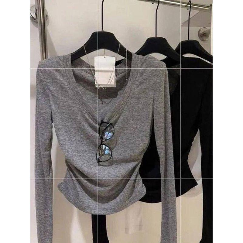 

[210g 40-Count Fine Cotton 1*1] American-Style Gray Pleated V-Neck Regular Shoulder Long-Sleeve T-Shirt for Women, Autumn Top Gray S