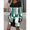 Womens Heart Print Round Neck Long Sleeve Plaid Patchwork Midi Dress Elegant Casual Office Wear