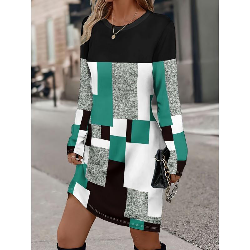 Womens Heart Print Round Neck Long Sleeve Plaid Patchwork Midi Dress Elegant Casual Office Wear