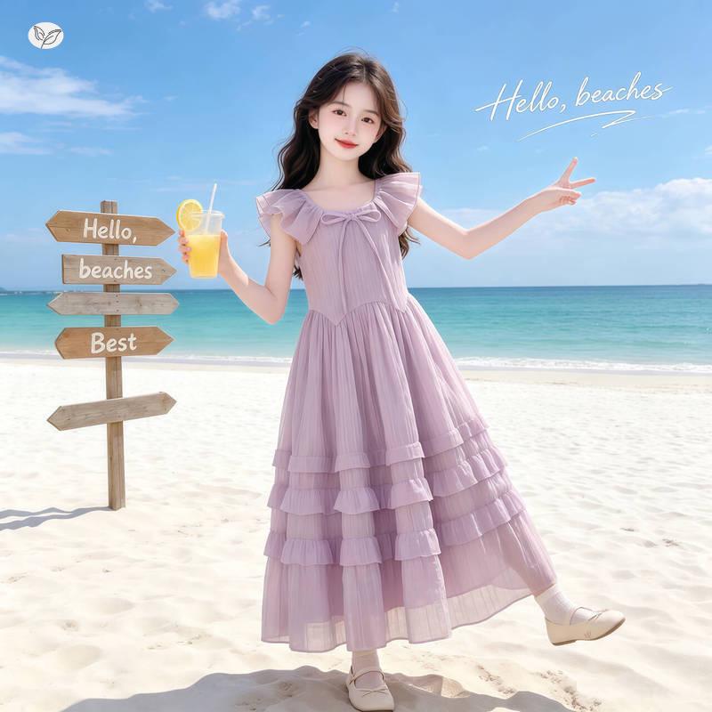 Girls' Puff Sleeve Lace Cake Dress - Summer 2026 Style, Slim Waist Long Dress for Kids