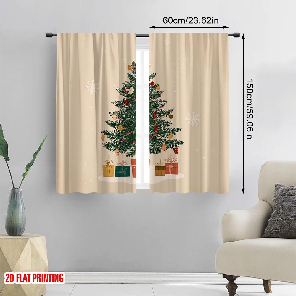 2pcs,2D Plane Printing Minimalist Curtains Christmas Tree_ Gift Box_ Snowflake Versatile 100% Polyester (without Rod) Festive