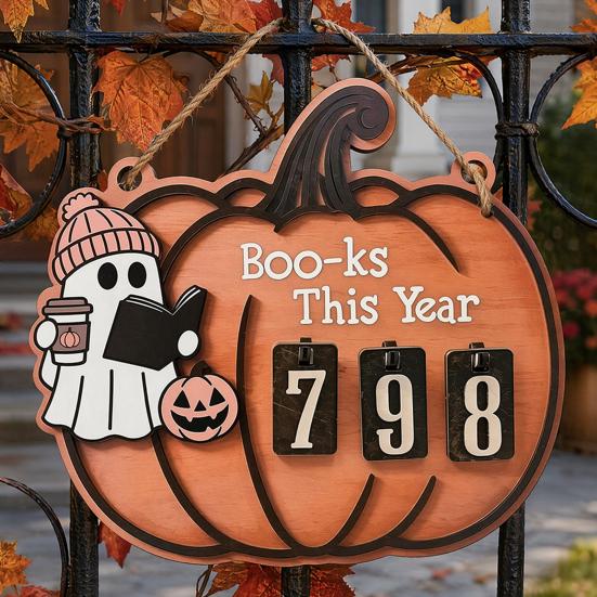 Double-layer Wood Chip Tech Halloween Ghost Pumpkin Reading Tracker Wooden Hanging Sign, Sliding Number Counter for Book Read This Year, Decoration