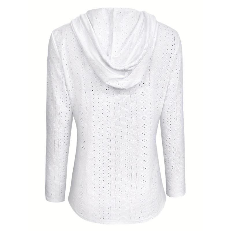 Felpa con cappuccio a occhielli e bottoni a tinta unita, felpa casual a maniche lunghe con coulisse, abbigliamento da donna