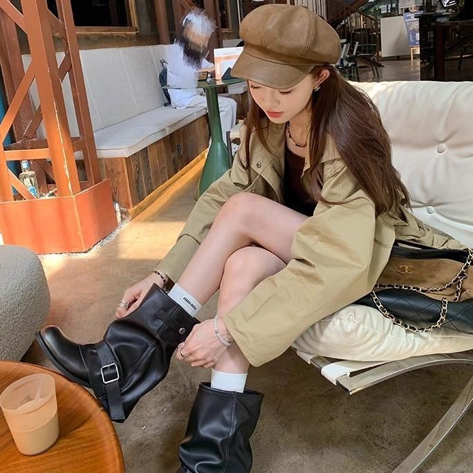 Leather version! Spice Girls Pants Boots Women's Pleated Pile Boots Retro British Maillard West Martin Boots