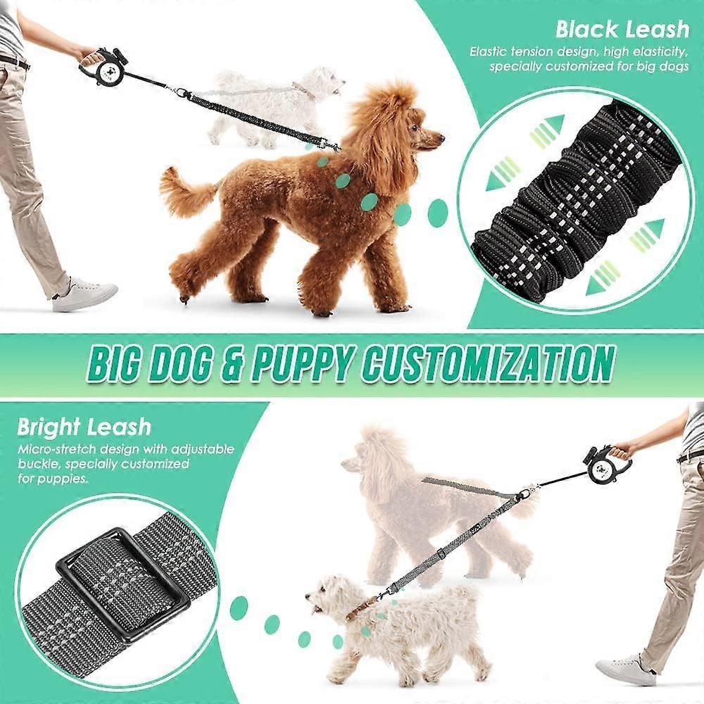 2-in-1 Doppelleine für Hunde, verbesserte Version, mit verstellbaren Riemen und stoßdämpfendem elastischem Seil, Schwarz Grau