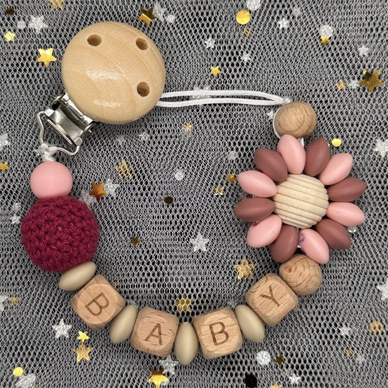 Individueller Personalisierter Name Handgefertigt Buchenholz Schnullerclip Halter Kette Silikon Krone Perle Beißring Baby Zahnen Geschenk