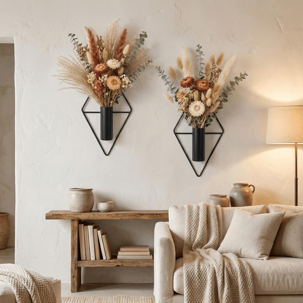 2PCS Iron Wall Hanging Vase Decorative Dried Flower Holder Modern Wall Mount Flower Vase  Bedroom