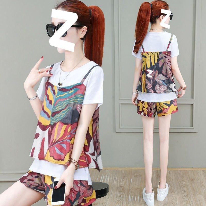 Letnia Damska Luźna Koszula Plus Size Kwiatowa Modna Dopasowana Garnitur Krótkie Rękawy Spodenki Dwuczęściowy Zestaw