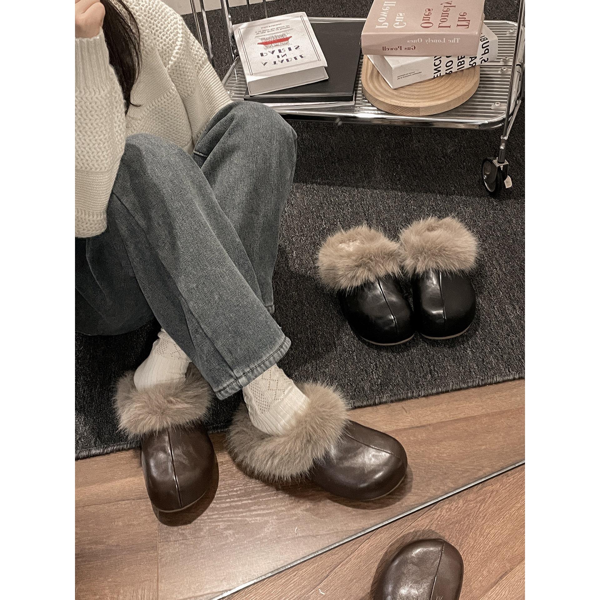 Brown retro French thick-soled fluffy slippers for women to wear winter warm and piled Birkencotton slippers 35