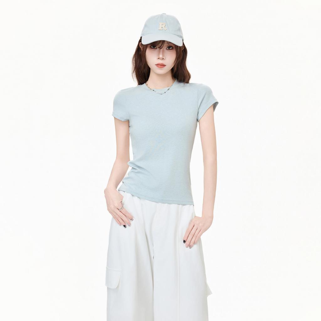 Korean high-end dopamine round neck front shoulder short-sleeved T-shirt women's summer new slim-fitting and thin temperament top