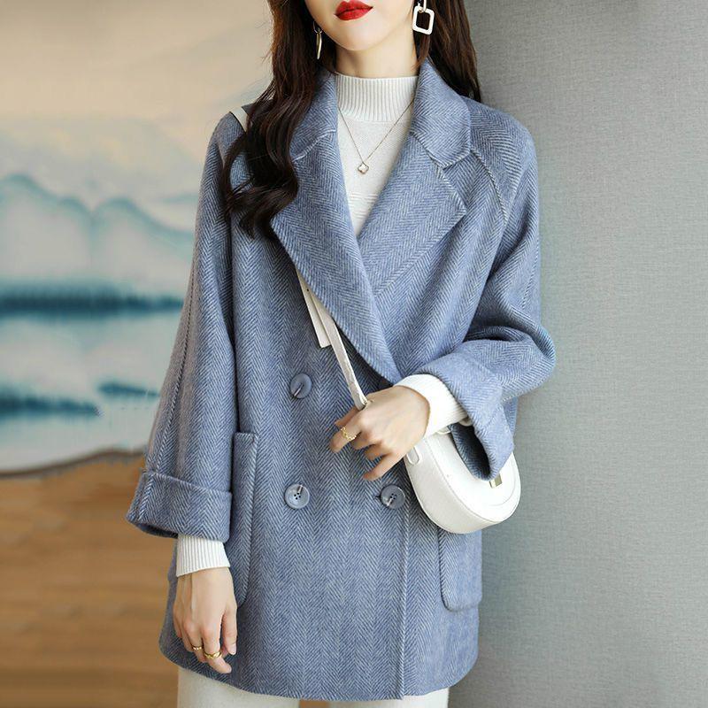 Korean Style Women's Mid-Length Herringbone Wool Coat - Autumn & Winter Fashion