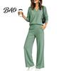 Women Gym Clothing Sweatshirt Pants 2-Piece Set, V-Neck Long Sleeve Top & Wide Lounge Sets Leg Trousers with Elastic Waist, Solid Color Matching