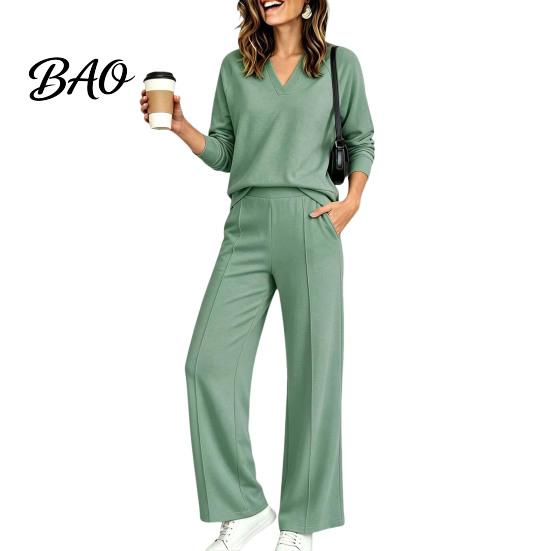 Women Gym Clothing Sweatshirt Pants 2-Piece Set, V-Neck Long Sleeve Top & Wide Lounge Sets Leg Trousers with Elastic Waist, Solid Color Matching