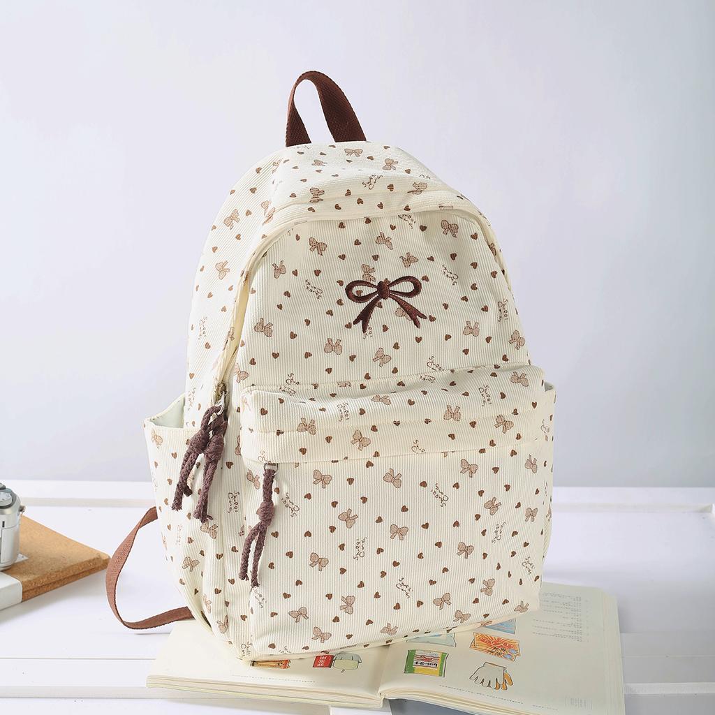Schoolbag Velvet Backpack Women's High-value Bow Middle School Student Backpack Korean Corduroy Commuting Light Schoolbag