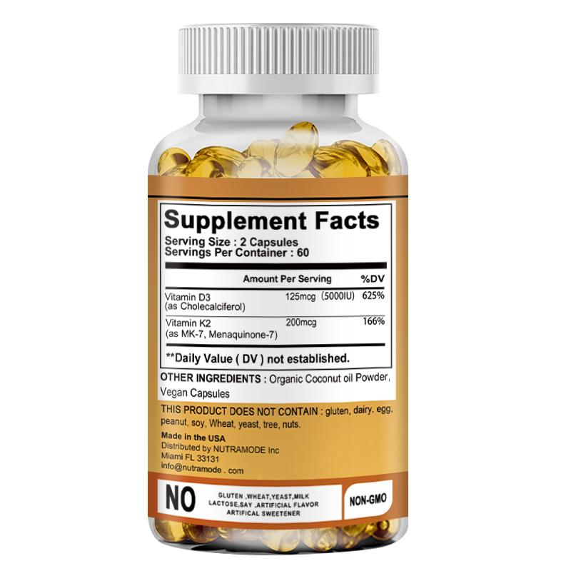 Vitamin D3 + K2 Kapseln, mit Bio-Kokosöl, - Unterstützung der Knochengesundheit, Unterstützung des Immunsystems, Unterstützung der Herz-Kreislauf-Gesundheit