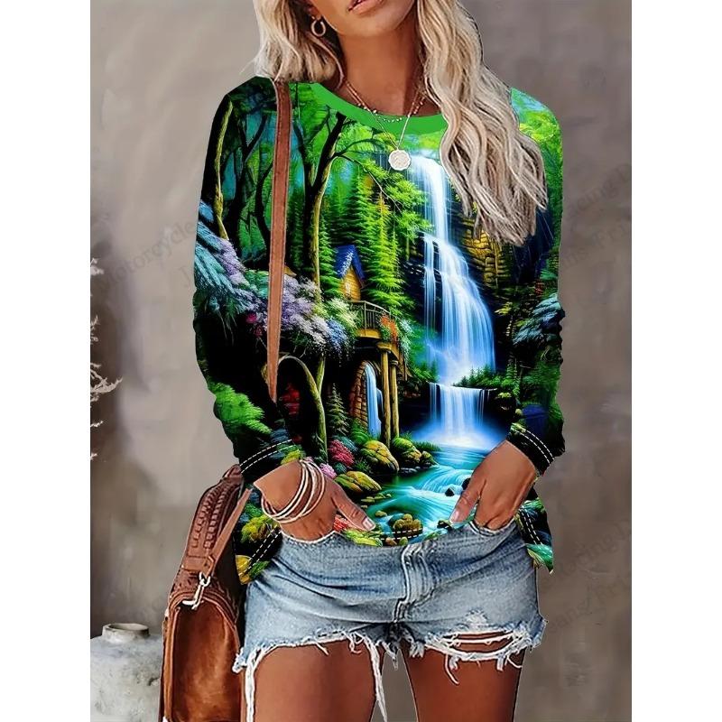 Bird Floral Patterns Graphic 3d Print T-Shirt Women Fashion Casual Oversized Long Sleeve T-shirt Women Clothing Flower Tops Tees