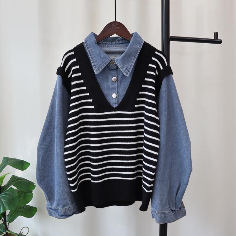 

Контрастный цвет полосатый пэчворк деним вязаный свитер топ осень и зима новый свободный повседневный свитер пуловер женский one size fits all чёрный