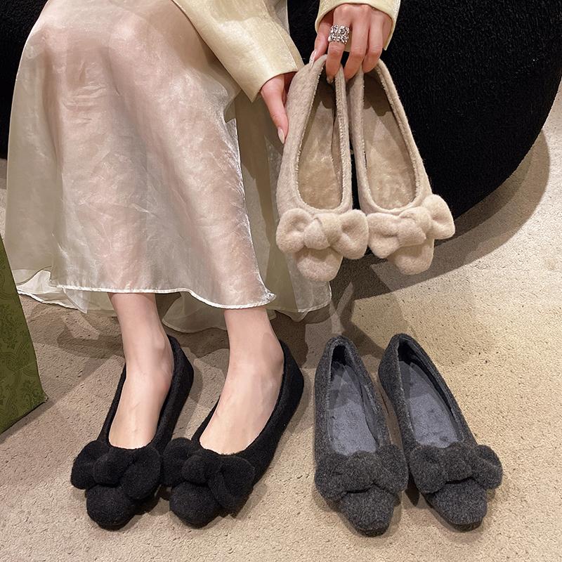 Fashion Aphixta Elegant Bow Corduroy Upper Women Flats Shoes Shallow Slip On Loafers Woman Grey Sweet Shoes Soft Sole Ladies Shoes