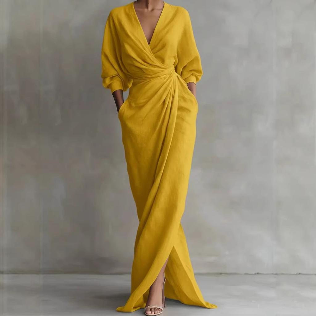 Rosa V-Ausschnitt Maxikleid mit hohem Schlitz und Bindegürtel