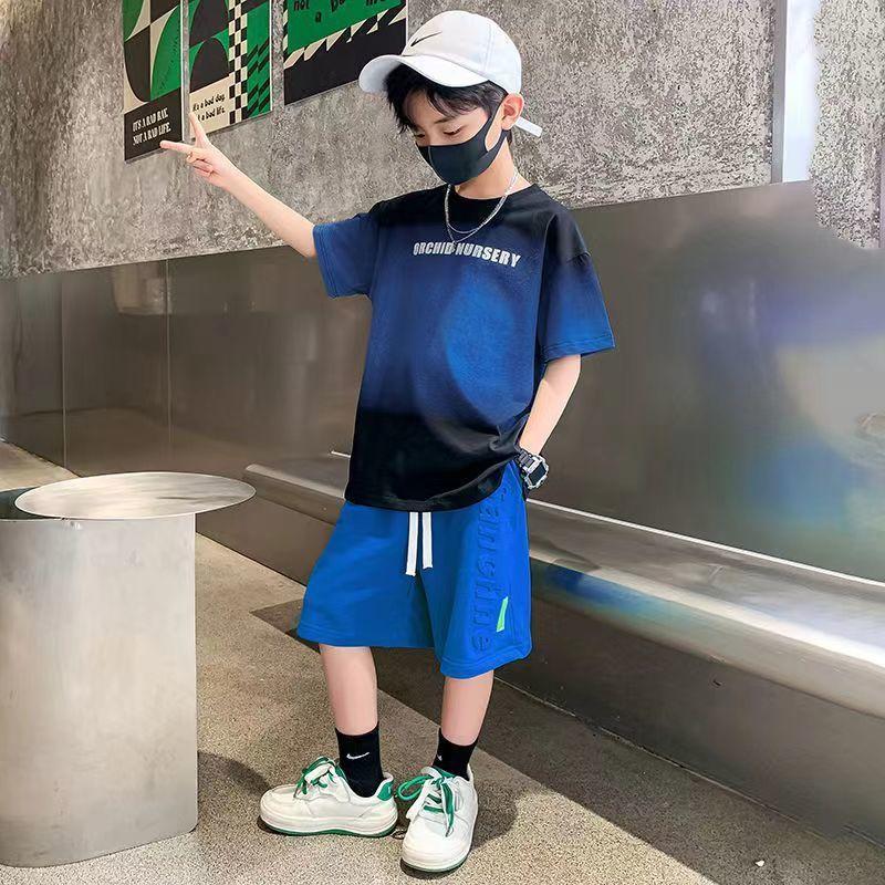 Children's Boy Clothes Set Summer Gradient Letter T-shirts and Shorts Suit Teenage Short Sleeve Top Bottom 2 Pieces Tracksuit