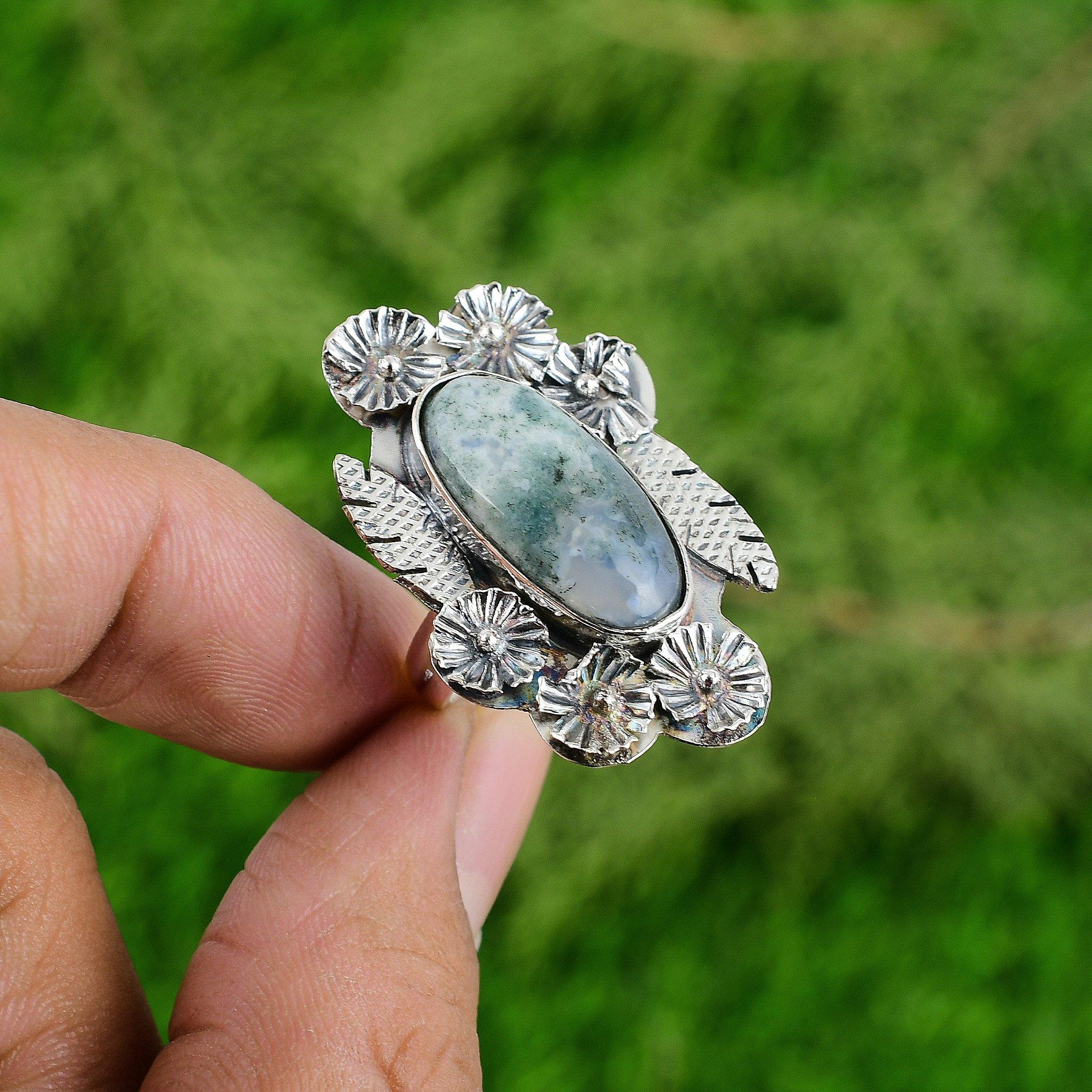 

Серебро 925 пробы Натуральный Солнечный Моховой Агат Штабелируемое Кольцо с Цветком Регулируемое Adjustable