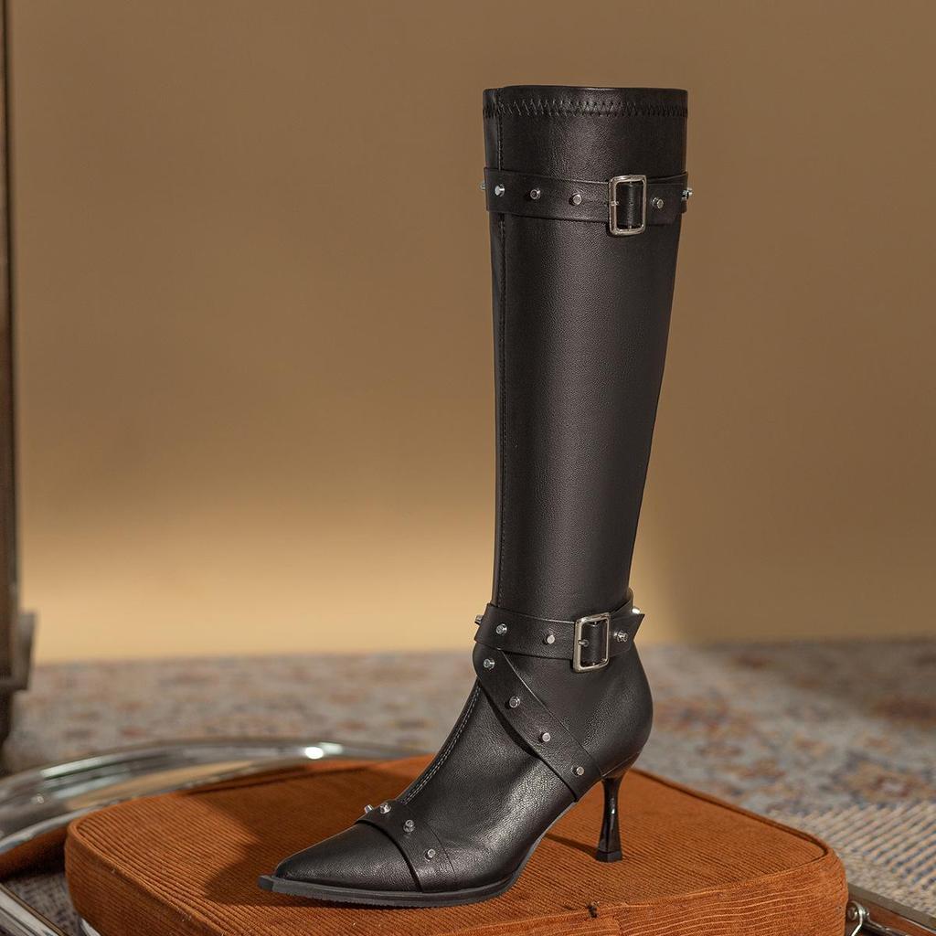 Women's Pointed Toe Denim Long Boots - Versatile Autumn/Winter 2024 European & American Style High Tube Street Boots