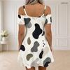 Women Plus Size Cold Shoulder V Neck Short Sleeve Chain Straps Zipper Blue Printed Dress