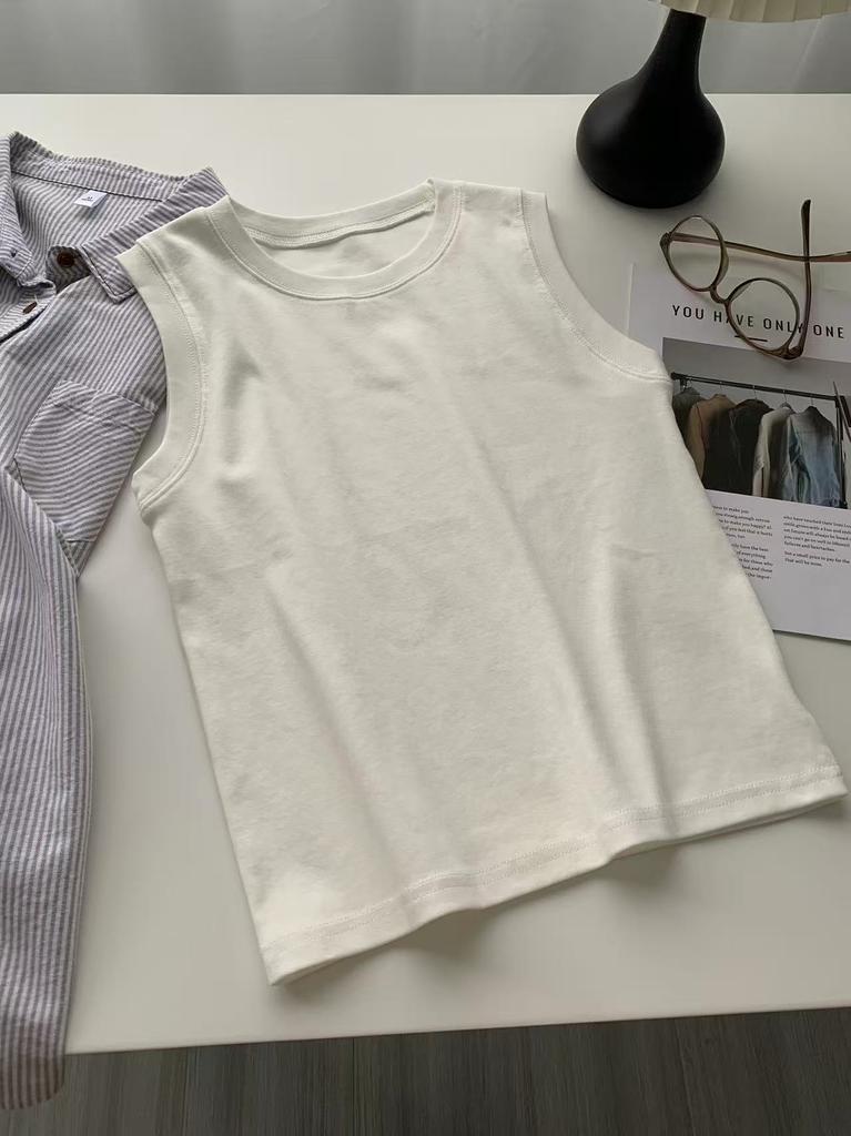 Spring Dopamine Color Crew Neck Cotton Vest Women's Basic Skinny Versatile Flesh Cover Wide Shoulder Sleeveless T-Shirt