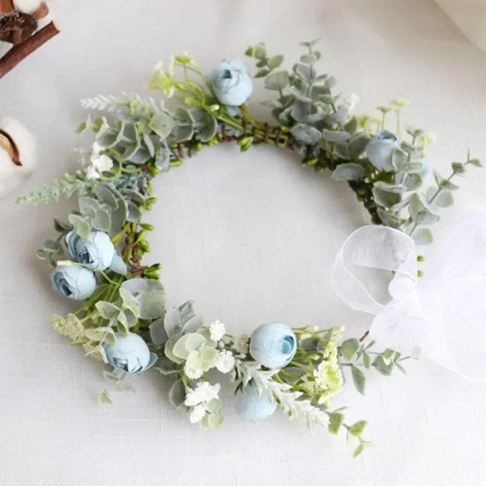 Bohemian Festival Wedding Flower Crown Photo Props Rose Green Leaf Floral Headpiece Hair Wreath Spring