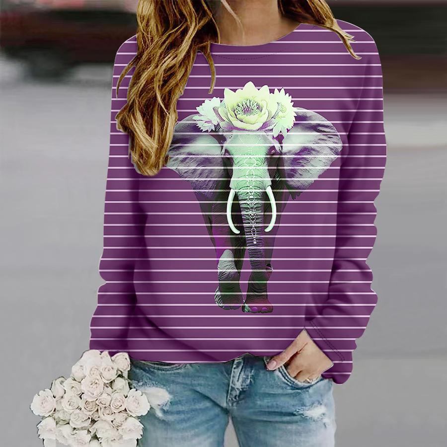 Tops For Women Elephant Flower Print Round Neck Long Sleeve T-shirt Fall Casual Slim Pullover Women's Long Sleeve Top