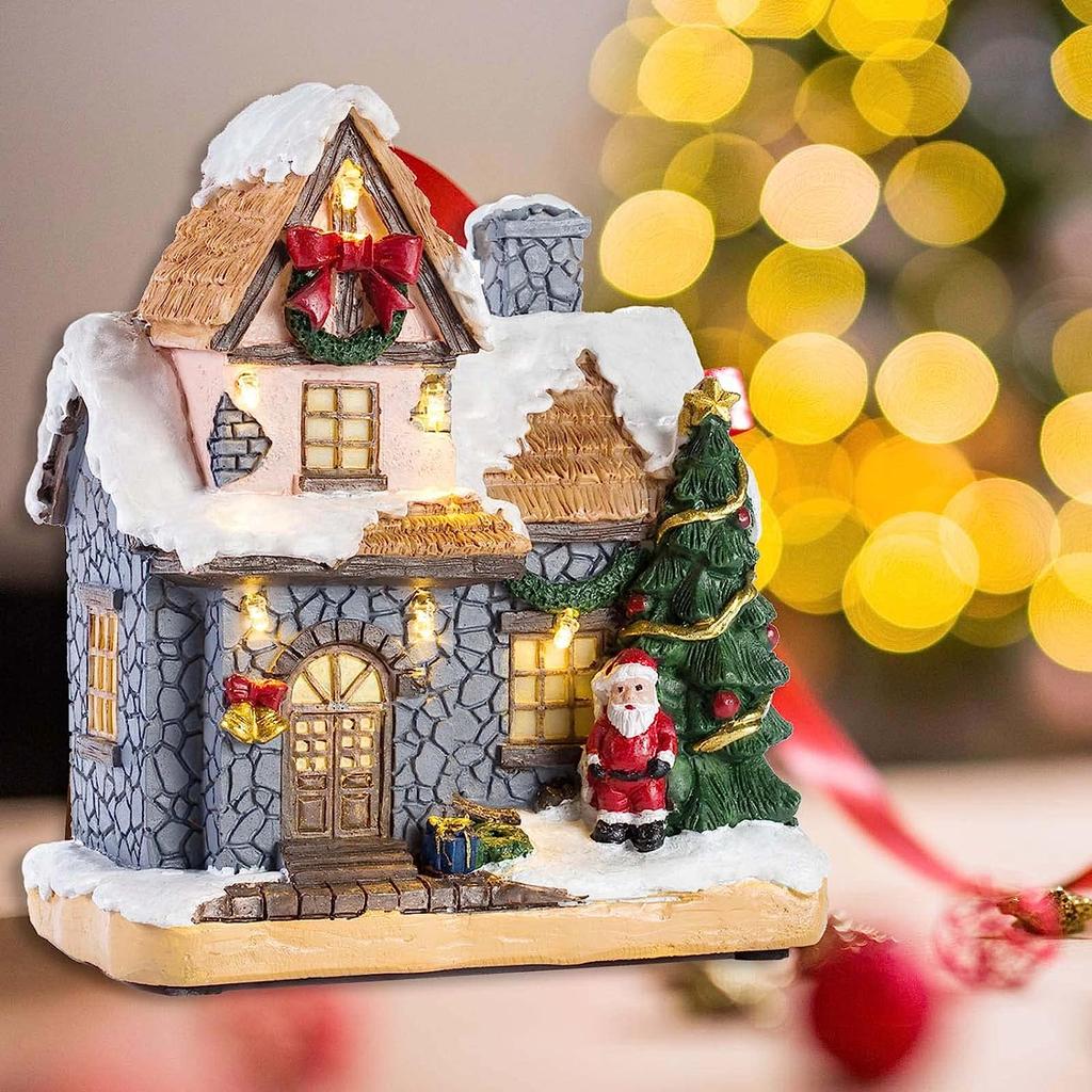 Christmas Decoration Village Houses with LED Light,Collectible Building Figurines Ornament for Home Fireplace Tabletop Gifts