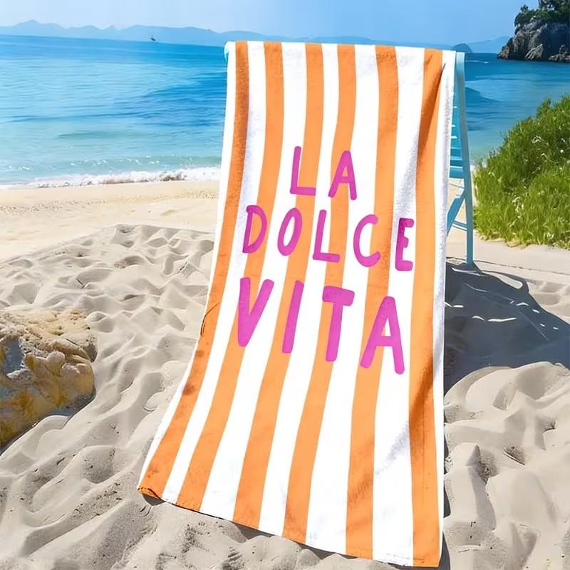 Asciugamano da Spiaggia La Dolce Vita a Strisce Arancioni Asciugatura Rapida Microfibra Assorbente Senza Sabbia Asciugamano da Bagno per Estate Piscina Vacanze