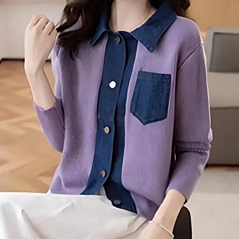 

Верхняя одежда весна осень женские джинсы пальто короткие черные пэчворк укороченные женские джинсовые куртки трикотажные топы с длинными рукавами XS фиолетовый