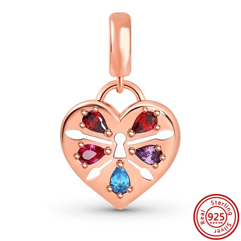 New 925 copper Love Lock Key Padlock Happiness Double Dangle Charm Heart DIY Beads Fit Original Pantaro Bracelet Fine Zircon