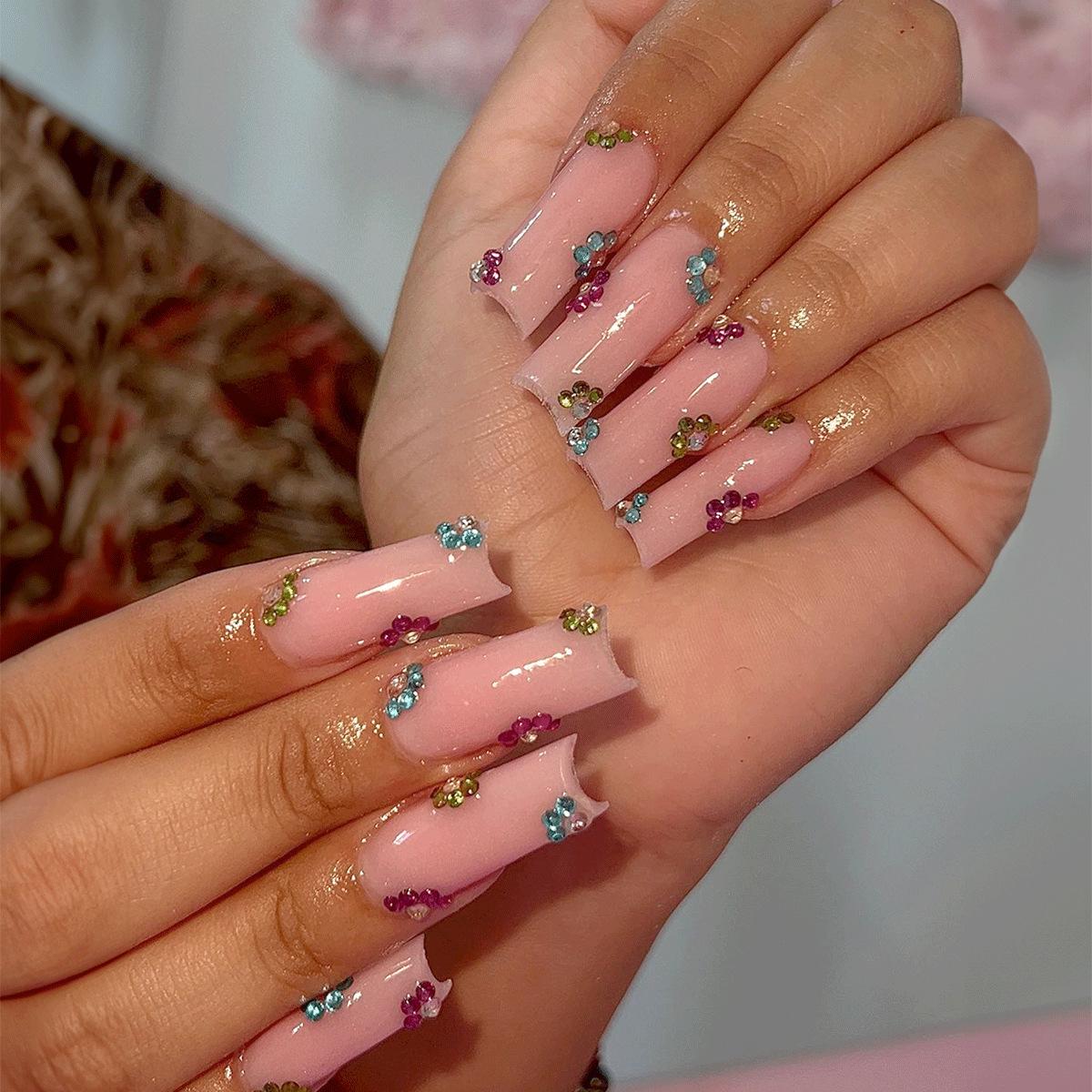 

Dopamine Floral Rhinestone Coffin Press-On Nails - Super Long Nude Handmade Set