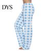 Loose Leg Women Trousers Long Pants Elastic Drawstring Waist Wide Casual Checked Pattern for Sporty Style Fit Home Versatile Leisure