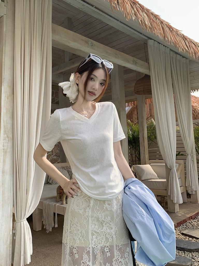 Women's Blue Spliced Lace Shirt Jacket - 2025 Korean Design, Loose Fit, Sun Protection for Summer