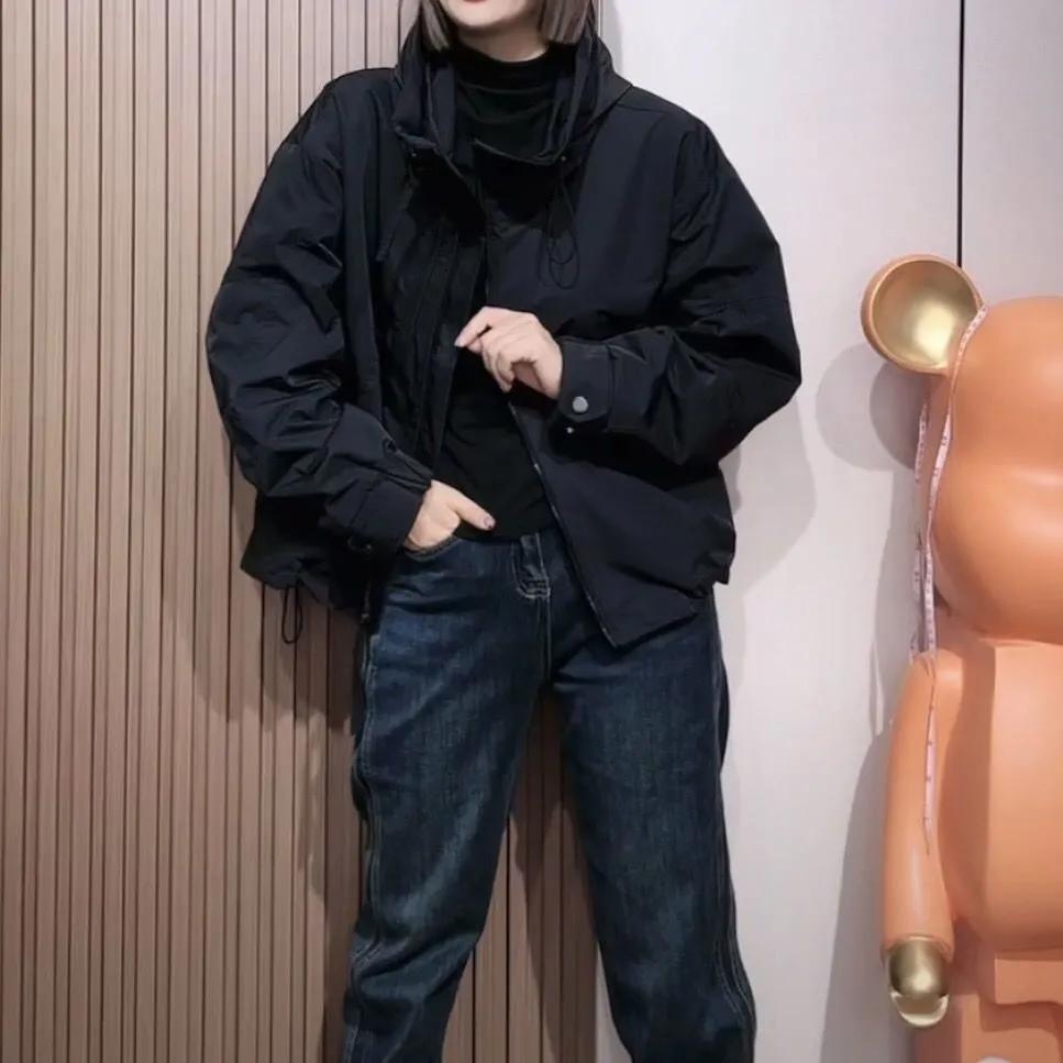 

Женская осенняя куртка-ветровка с капюшоном на двойной молнии, свободная повседневная ветровка XS чёрный