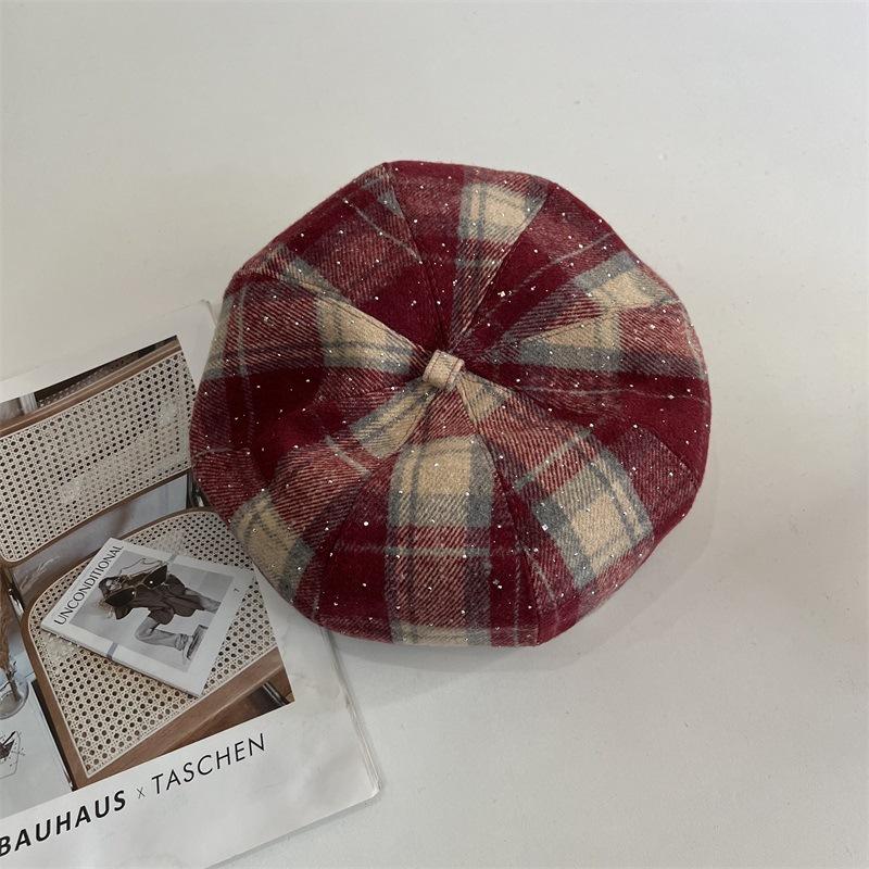 

Осень и зима новый ретро мода клетчатый яркий бриллиант берет детский осень и зима универсальный лицо маленькая шляпа художника M（56-58cm） красный